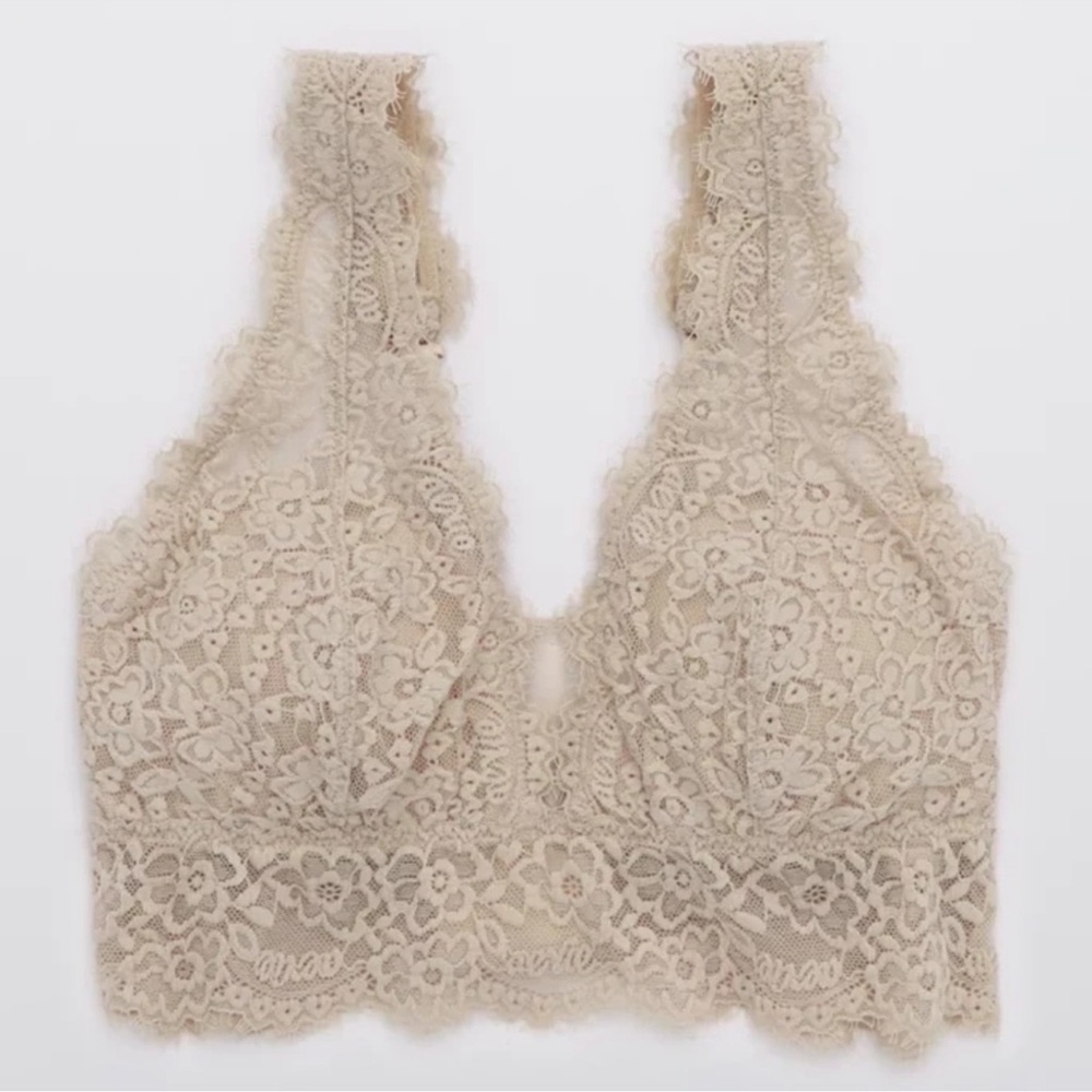 Aerie Cream Beige Nude Eyelash Lace Plunge Bralette Convertible Back Medium